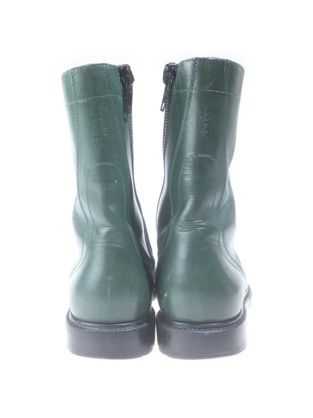 Celine Leather Side Zip Lace Up Combat Boots Green